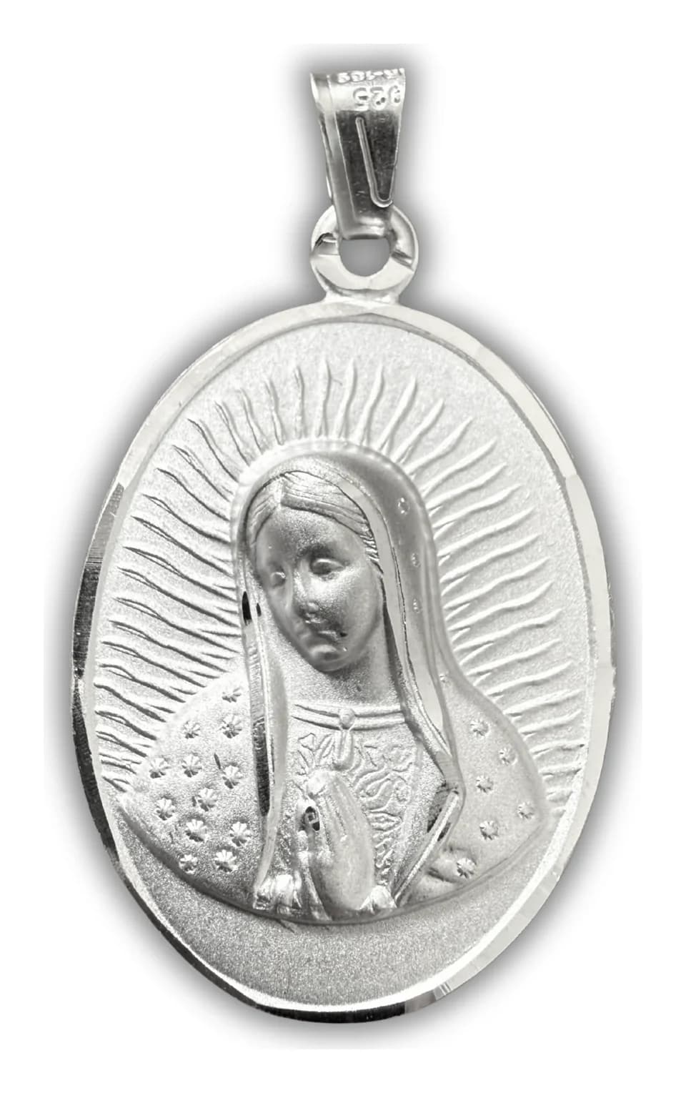 Medalla de Plata de La Virgen de Guadalupe Ovalada Mate Grande 30 MM